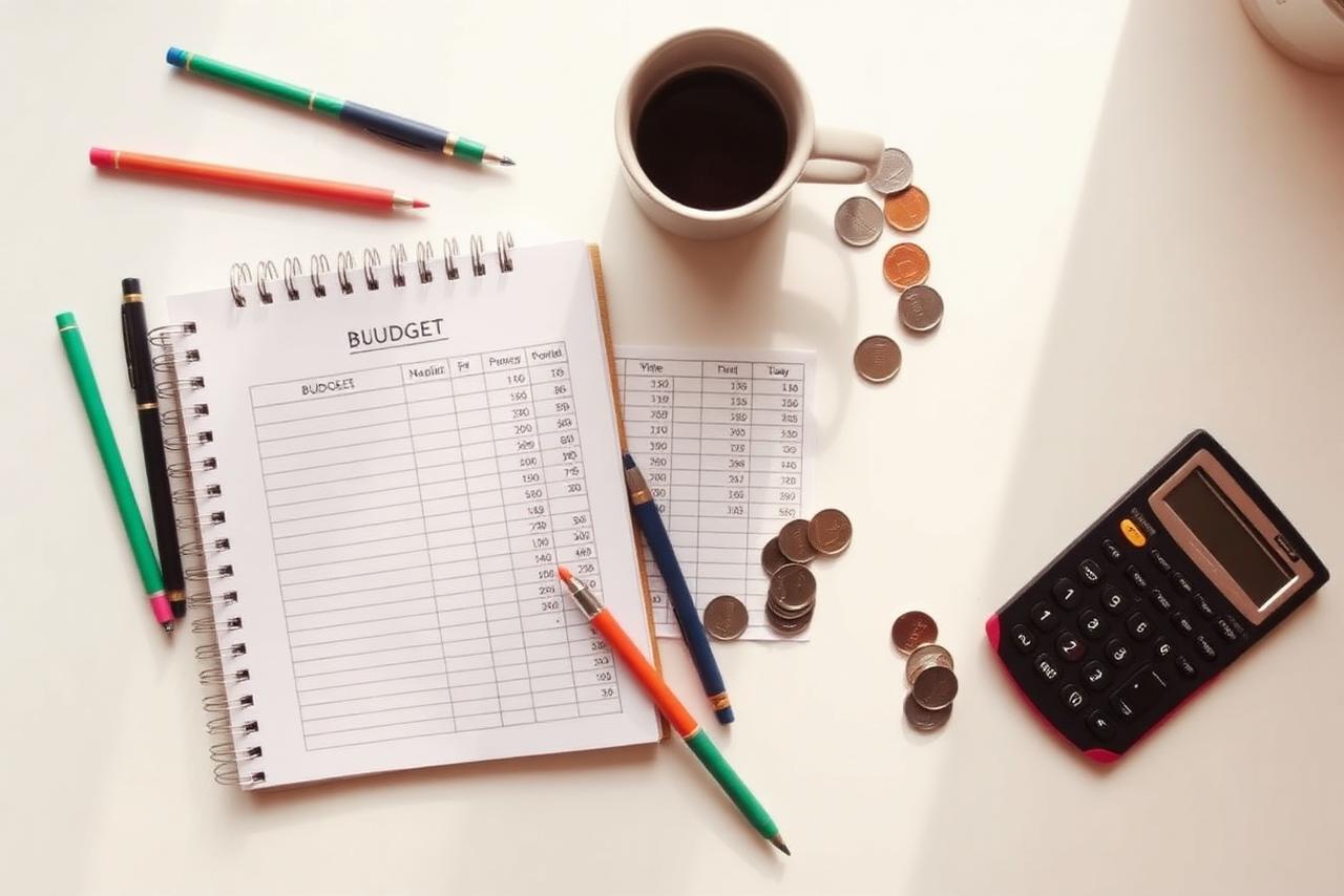 Strumenti per il bilancio familiare: quaderno, calcolatrice e monete